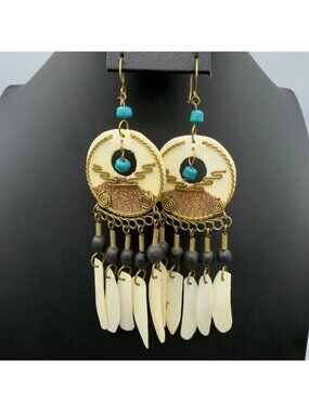 Vintage Tribal Bone Brass Wire Long Dangle Earrings Boho Festival Handmade